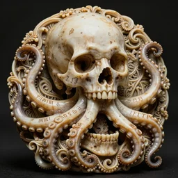 an intricately detailed carving in an human - octopus skull, rococo ornate bone and ivory sculpted skull with teeth and tentacles, horror, artifact, micro detailed, inscribed with occult symbols, otherworldly