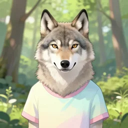Beautiful portrait drawing of an anthro anthropomorphic wolf wearing a cute pastel shirt, in Summer, at a forest. digital art