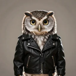 cute little owl wearing black biker jacket, portrait photo, backlit, studio photo, muted color swirls background