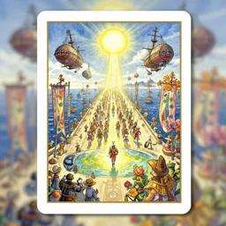dixit card, vanishing point, docks, airships, banners, parade, skypirate, foreground watcher, intricate, amazing composition, colorful watercolor, by ruan jia, by maxfield parrish, by shaun tan, by nc wyeth, by michael whelan, by escher, illustration, volumetric, bloom, sun puddle