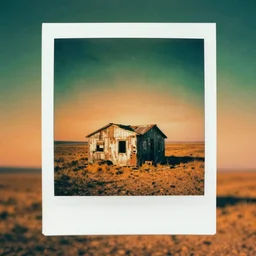 analog polaroid of an abandoned shed in the middle of nowhere, orange green sky with stars, color bleed