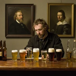 a drunk man standing behind a bar reviewing different beers, rembrandt, frans hals, oil on canvas