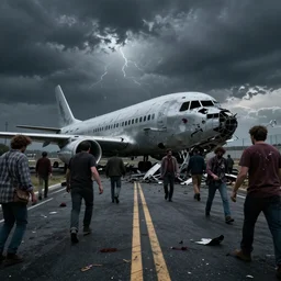 creepy low angle shot of a airplane crash on the street with the zombie horde marching, people crashed, moody lightning, rule of thirds, golden ratio, 8 k, realistic shading, octane render