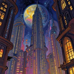 cloisonnism street view low angle view of epic intricate city with neon - lit windows on a planet in no mans sky, masterpiece, asymmetrical, rule of thirds, beautiful composition, bekskinski, syd mead, moebius
