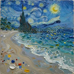 oil paint impasto relief, beautiful night italian beach scene, rough sea, multi layered thick brush marks, some splattered paint, in the style of ivan shishkin and frank auerbach and van gogh