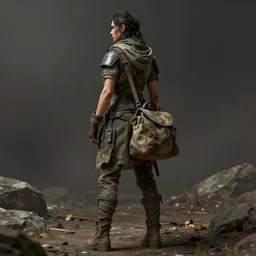 a photorealistic art of a dystopian woman nomad with bag standing, post - apocalyptic, back - view, full body shot, trending on artstation, cgsociety, cinematic light, style by ivan talavera and artgerm and wlop, hyper realistic, octane render,
