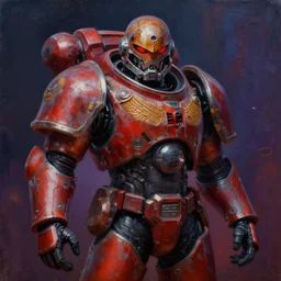 portrait of apocalyptic demonic spacemarine, cool pose, dark vibrant colors, futuristic cyberpunk fashion, oil painting by les edwards art, sharp focus, realistic, rusty helmet, 8 k