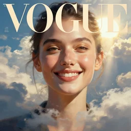 sci - fi, morning, smiling fashion model sun face, cinematic, clouds, sun rays, vogue cover style, poster art, realistic painting