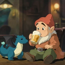 a dwarf and his small pet dragon drinking a beer together | gapmoe kuudere moody lighting stunning bokeh highlights sharp contrast | trending pixiv fanbox | by greg rutkowski makoto shinkai takashi takeuchi studio ghibli