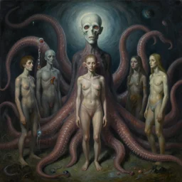 a painting of a group of people surrounded by tentacles, a surrealist painting by desmond morris, cg society, pop surrealism, lovecraftian, cosmic horror, surrealist