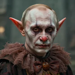 photorealistic portrait photograph of vladimir putin as a pathetic goblinoid demon clown, kobold, upper body, fantasy, detroit become human, depth of field, soft focus, highly detailed, intricate, realistic, national geographic cover, soft glow, textured, artstation, concept art, sharp focus, illustration, art by artgerm and greg rutkowski and alphonse mucha