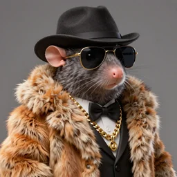 anthropomorphic gangster rat wearing a fur coat, wearing sunglasses and a hat, wearing a gold chain long fur, detailed, 3d render, 4k, pixar