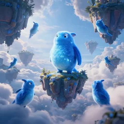 blue shiny creatures flying through floating islands, extreme cloud formations, uncanny, cinematic lighting, thomas cole, still from inside out, octane render, ray tracing, volumetric lighting, 4 k