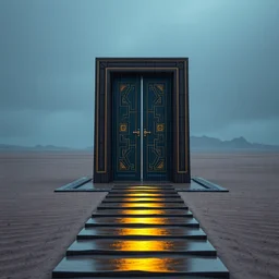 in the rain, a lonely epic door stands on the gobi desert, in which the steps leading to the moon palace. octane render, mid - shot, slr camera. 8 k. grey blue, light gold and dark purple color scheme.