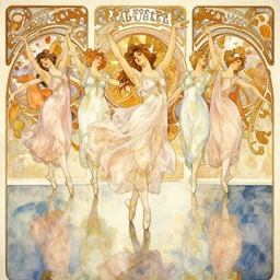 a beautifull intricate watercolour painting of a dancing balerinas, reflexions, verry high details by william turner art, greg rutkowski and alphonse mucha, trending on artstation, very very detailed, masterpiece, - n 9