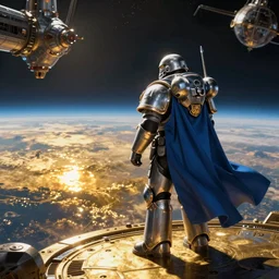 a warhammer marine in a flowing blue cloak looking out at the horizon of a planet from a space station in orbit, sci-fi, high detail, light reflections, gold, dramatic matte painting, style by jaques louis david, 8k, octane render, photorealistic, hyperrealism”