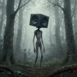 long subtle humanoid from another planet with big speaker head, lost in the foggy woods, by simon stalenhag, evelyn de morgan and greg rutkowsky