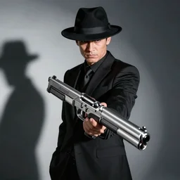 serious looking hitman in a black suit and black fedora hat. he has a big silver gun, 4 k, atmospheric, epic scene, strong shadows, high contrast
