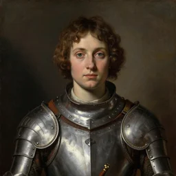 saoirse ronan with short curly hair, wearing medieval armour, portrait, oil painting by titian, hard focus