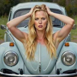 beautiful r charlize theron with long blonde hair locks holds over its head on its two hands old volkswagen beetle, oil on canvas, naturalism