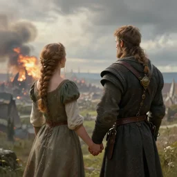 epic portrait two viking couple holding hands and watching a city being destoryed in far distance, Blurry backround, explosions, cloudy, digital painting, artstation, concept art, soft light, hdri, smooth, sharp focus, illustration, fantasy, intricate, elegant, highly detailed, D&D, matte painting, in the style of Greg Rutkowski and Alphonse Mucha and artemisia, 8k, highly detailed, jurgens, rutkowski, bouguereau, pastoral, rustic, georgic