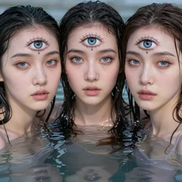 three eyed goddesses, third eye in middle of forehead, wide wide shot, photograph, wet hairy bodies, wet feet in water, bodies, soft colors, wet eye in forehead, pins, very detailed, wet eyes reflecting into eyes reflecting into  infinity, beautiful lighting