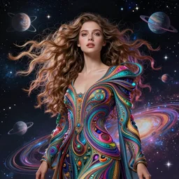 a super realistic young woman, goddess magical, windblown, space, stars and planets flowing through her hair, intricate, synth-wave, retrowave, colorful, vibrant, highly-detailed, elegant, dramatic lighting, gorgeous face, lifelike, photorealistic face, long luxurious intricate gown, in the universe, digital painting, artstation,  illustration, concept art, smooth, sharp focus, art by Jude Palencar, John Collier, artgerm, and Albert Aublet and Krenz Cushart and Artem Demura and Alphonse Mucha