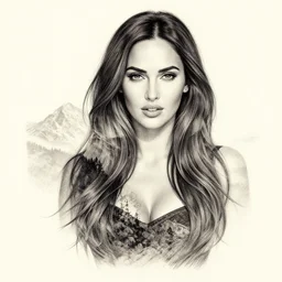 megan fox beautiful mountains double exposure effect, medium sized tattoo sketch, amazing detail, on pinterest