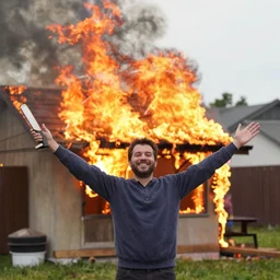 a man very happy that his house is burning. - w 7 0 4