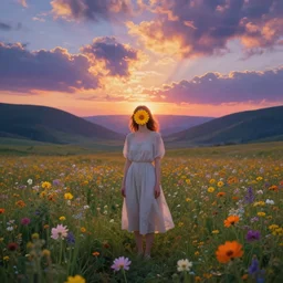 girl with a flower face, surreal photography, dream, standing in flower field, magical, in a valley, sunrise dramatic light, impressionist painting, colorful clouds, artstation, simon stalenhag