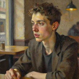 detailed portrait of a person at a cafe, ethnic, realistic face, sculpted features, thin and statuesque, having a conversation, warm glow, radiant, bathed in light, chiaroscuro, specular highlights, pointillist impressionism, natural color scheme, earthy tones, modern fashion, contemporary art, oil on canvas