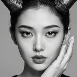highly detailed black and white photography of one face with pointed horns, hand gesture, beautiful, dark, masterpiece, art by durero, rubens, riccardo federici, roberto ferri, james jean, craig mullins, illustration, draw, spatula, splash