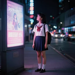 90s neon movie still. City at night.  School Girl stands on the sidewalk. She is looking up at an advertisement. hyperrealistic, high definition, medium format photography, highly detailed, technicolor, anamorphic 50mm lens