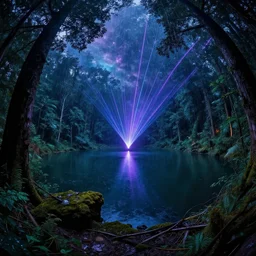 reclaimed by nature by alvar aalto, fisheye laser biopunk tron cyberpunk at dawn magic realism neon noir lake dramatic lighting cosmic rainforest, archdaily, wallpaper, highly detailed, trending on artstation.