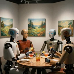 film still of robots having a cocktail party in an art gallery while robots paint landscapes on canvases, dramatic lighting, 4 k
