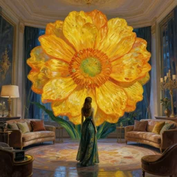 giant flower head, woman in a luxury apartment, surreal photography, dramatic light, impressionist painting, digital painting, artstation, van gogh