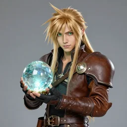 portrait character design a male elven sorcerer with honey blond long hair, green eyes, leather armor, holding a crystal ball, style of final fantasy and kingdom hearts and arcane, 3 d animation demo reel, portrait studio lighting by jessica rossier and brian froud and gaston bussiere,