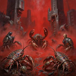 fine art oil painting varied muck jeweled, filthy, doubled, spiked, rugated armored crustaceans clawing & terrified as massive brutalist structures, claustrophobic, final battle failure, red mustard gas fog, by alex nino, francesco blanc, geof darrow, h r giger, bisley, b wolverton, jack gaughan high resolution, hyper