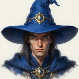 amazing portrait of alexis ohanian as a wizard, pointy blue wizard hat, deep focus, symmetrical face, d & d, fantasy, intricate, elegant, highly detailed, digital painting, artstation, concept art, matte, sharp, illustration, hearthstone, art by artgerm and greg rutkowski and alphonse mucha