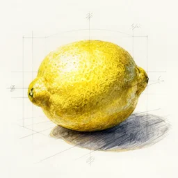 an architect's technical drawing of a single lemon with construction lines in pencil and light watercolour shading