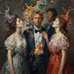 men and women in expansive clothes changing their heads, fluid materia of reality splashes, mid shot, extremely high details quality, surrealism, bao phan, viktor safonkin, bruce pennington, larry elmore, intricate, hyperrealistic oil painting on canvas, deep depth field, hd, hdr, 4 k, 8 k