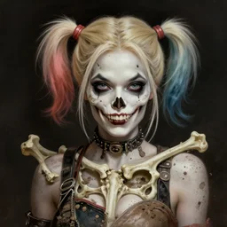 stunning harley quinn goddess of skull portrait, skull, bones, dirt, fantasy, intricate, elegant, highly detailed, digital painting, artstation, concept art, smooth, sharp focus, illustration, art by afshar petros and krenz cushart and artem demura