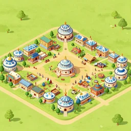 isometric aerial view of a traditional mongol village, very detailed, whimsical, digital art.