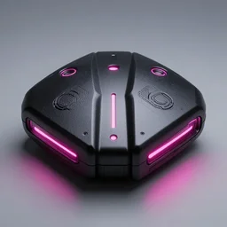 symmetrical futuristic black synthetic device with pink glowing lights