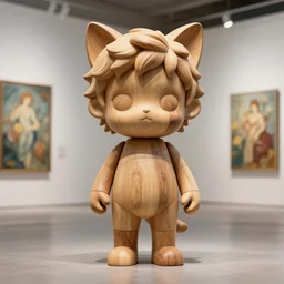 3 d octane render ultra 8 k photorealistic hyper detailed, trending on cgsociety, in a contemporary art gallery, lossless quality, wooden sculpture on feet art toys, a very cute mystical statue robot of the roman god natural with cats ears, by alphonse mucha