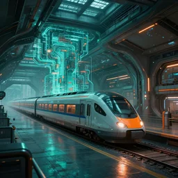 futuristic train station, exterior, teal glow, orange glow, scifi, machines, artificial intelligence, ultra realistic, highly detailed, futuristic landscape, industrial, city, atmosphere, highlighted, cinematic, art by jan urschel and neil blevins