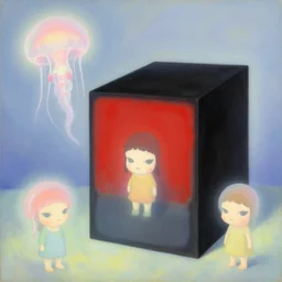 The Portuguese Man o' War Comes Down From The Mountain painting by Chiho Aoshima, Takashi Murakami, Yoshitomo Nara, Huang Yuxing and Aya Takano , Superflat art movement, chibi, soft pastel colors, very ethereal, soft glow, black box by Max Ernst The Scarlet Black Box, a rare and early work of Marth Rothko, omnious, sad, surrealism
