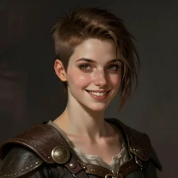 portrait of a beautiful medievalpunk girl with short brown hair, men's haircut, and smiling, dramatic lighting, illustration by greg rutkowski, yoji shinkawa, 4 k, digital art, concept art, trending on artstation