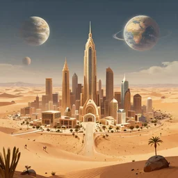 an afrofuturistic metropolis in an african desert, fantastic planets in the sky, digital artwork