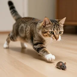 a cat, chasing & a mouse